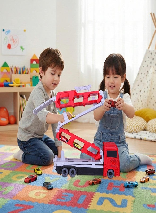 PN AVAN Big Hauler Storage & Deform Transport Truck Toy with 2 Foldable Ejection Race Track & 2 Pcs Die cast Cars for Kids (Big Hauler Red) - Image 2